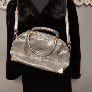 Silver Long Strap and Handle Purse with Gold Accents